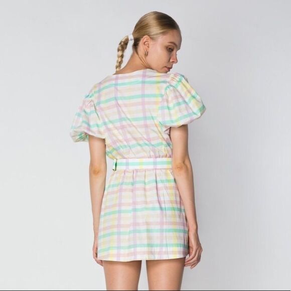 NWT S/W/F Pastel Multicolor Gingham Mini Dress Sz S Puff Sleeve Belted Cotton - Picture 4 of 8